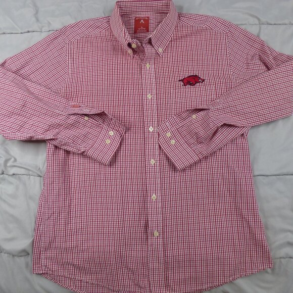 Arkansas Razorbacks Shirt Men XL Red Button Up Dress Check Plaid Pocket Adult - Picture 1 of 10